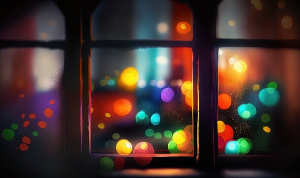  a window with a blurry image of a christmas tree outside of it and a blurry background of lights outside of the window behind it.  generative ai