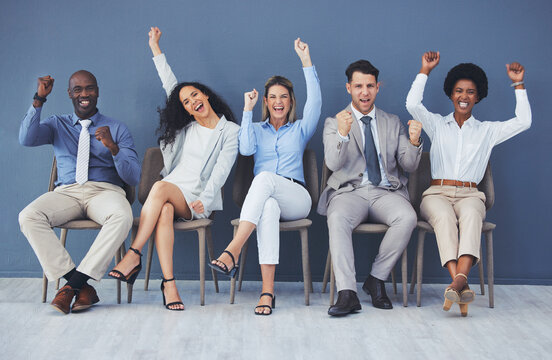 Business people, diversity and celebration in waiting room for recruitment, winning or hiring success at the office. Happy group of intern candidates celebrating victory, win or achievement for hired