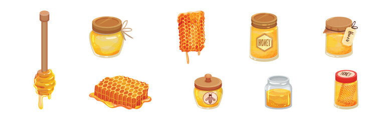 Honey with Dipper and Honeycomb with Sticky Golden Nectar Vector Set