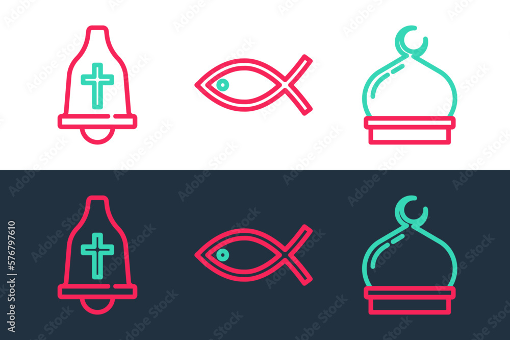 Canvas Prints set line muslim mosque, church bell and christian fish icon. vector