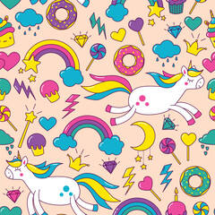 Vector bright pattern with unicorns, rainbows, moon, handouts, candies
