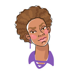 Portrait of a young beautiful African American woman. Line style with colored spots. Isolated on white background. Vector flat illustration