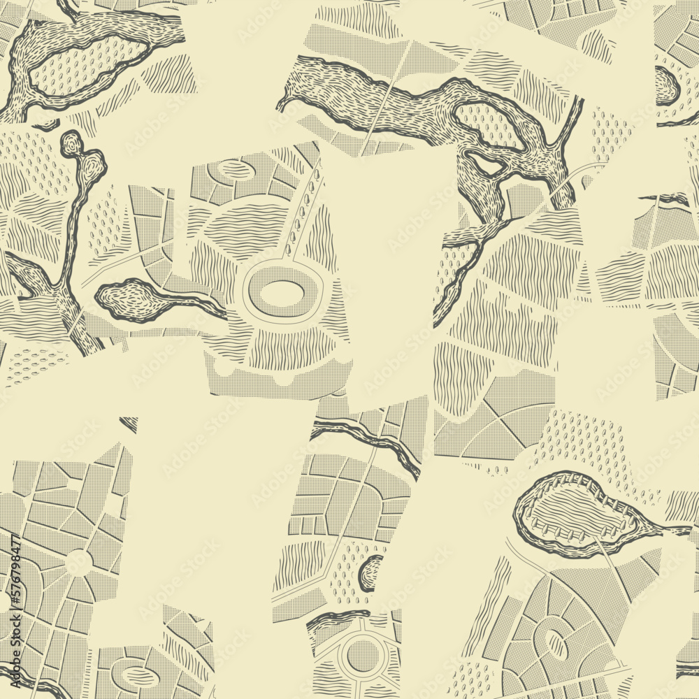 Poster texture seamless pattern with collage of pieces of geographical maps. vector background in retro sty