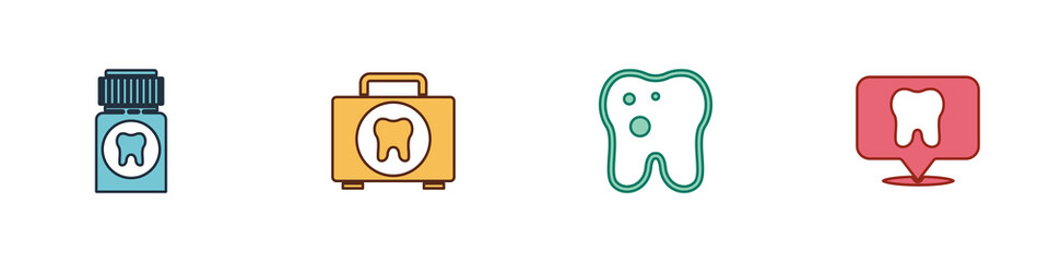 Set Painkiller tablet, First aid kit, Tooth with caries and Dental clinic location icon. Vector