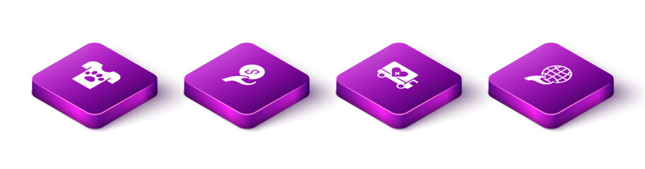Set Isometric Animal volunteer, Donation and charity, Humanitarian truck and Hand holding Earth globe icon. Vector