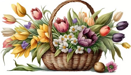  a basket filled with lots of flowers next to a basket filled with flowers on top of a white surface and a basket with flowers on the side.  generative ai