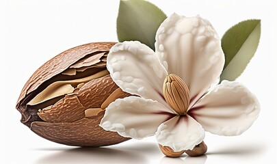 Obraz na płótnie Canvas a nut with a flower and leaves on a white background with a reflection of the nut in the nut shell and the nut in the shell. generative ai