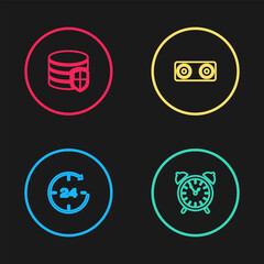 Set line Clock 24 hours, Alarm clock, Stereo speaker and Database protection icon. Vector