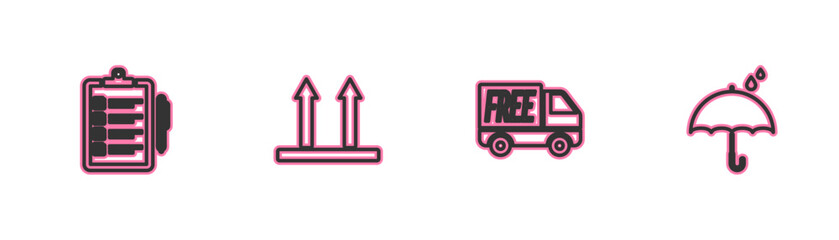 Set line Verification of delivery list, Free service, This side up and Umbrella and rain drops icon. Vector