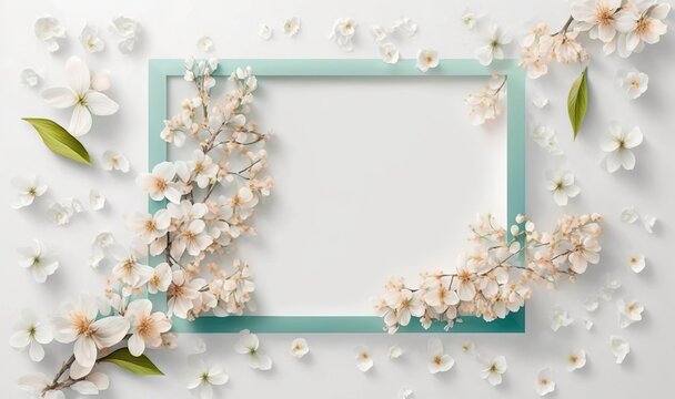  a frame with flowers and leaves on a white background with a place for a text or a picture with a place for a photo or text.  generative ai
