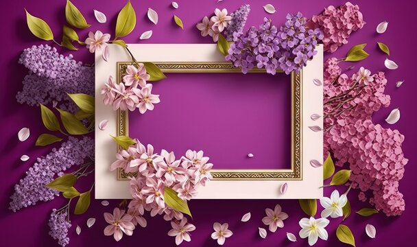  a picture frame with flowers on a purple background with a place for the text in the center of the frame is a bouquet of lilacs.  generative ai