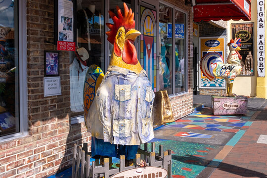 Decorative roosters outside a cigar factory in Little Havana, Miami
