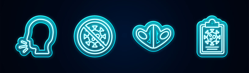 Set line Man coughing, Stop virus, Medical protective mask and Clipboard with blood test results. Glowing neon icon. Vector
