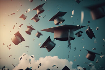 many graduation caps thrown into the air with sky background. evening light. Ceremony graduation day. Ai generative
