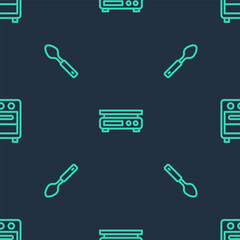 Set line Electronic scales, Spoon and Oven on seamless pattern. Vector