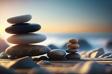 zen stones balanced on the beach. Sunrise light. Meditation and relaxation. Ai generative