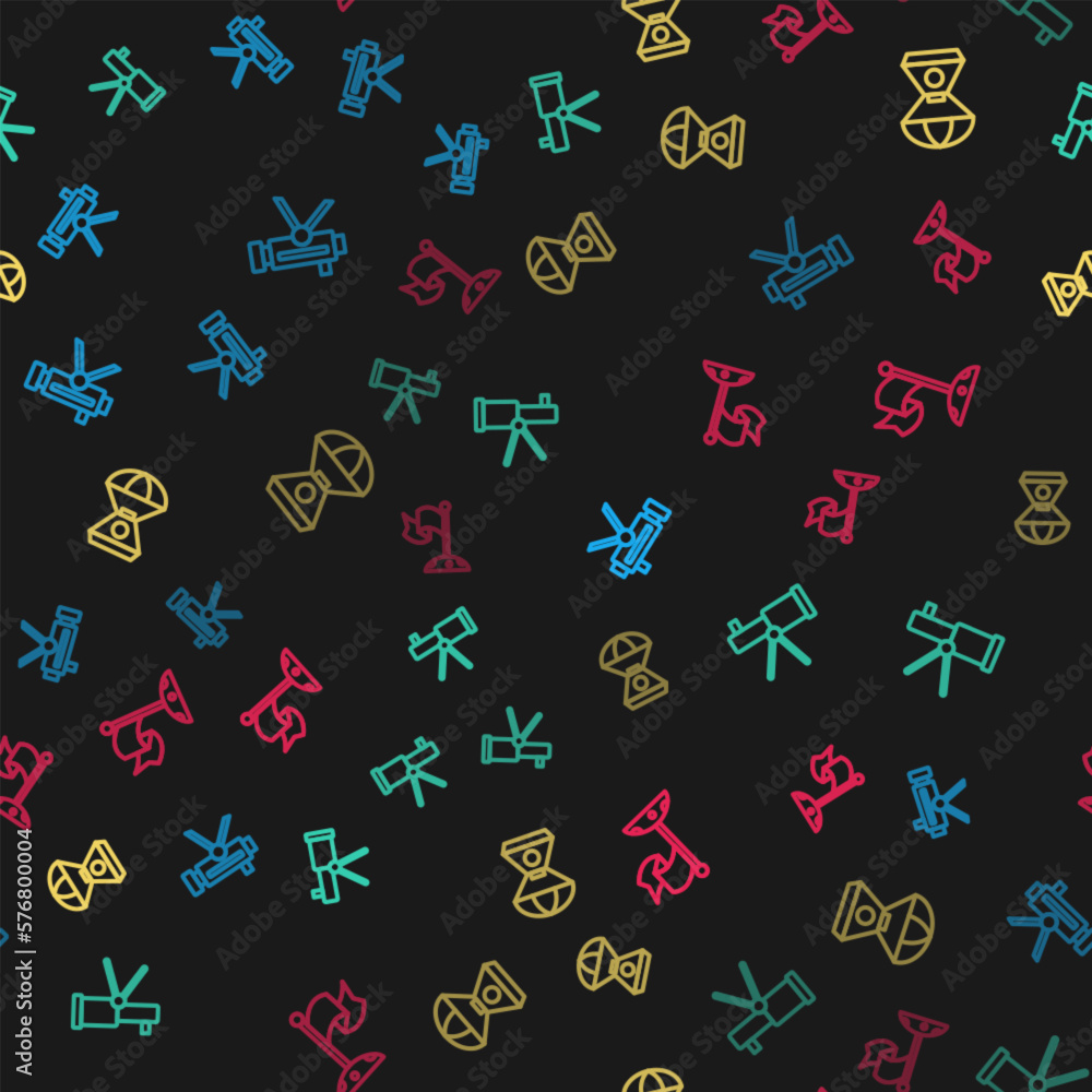 Poster set line telescope, , space capsule and moon with flag on seamless pattern. vector