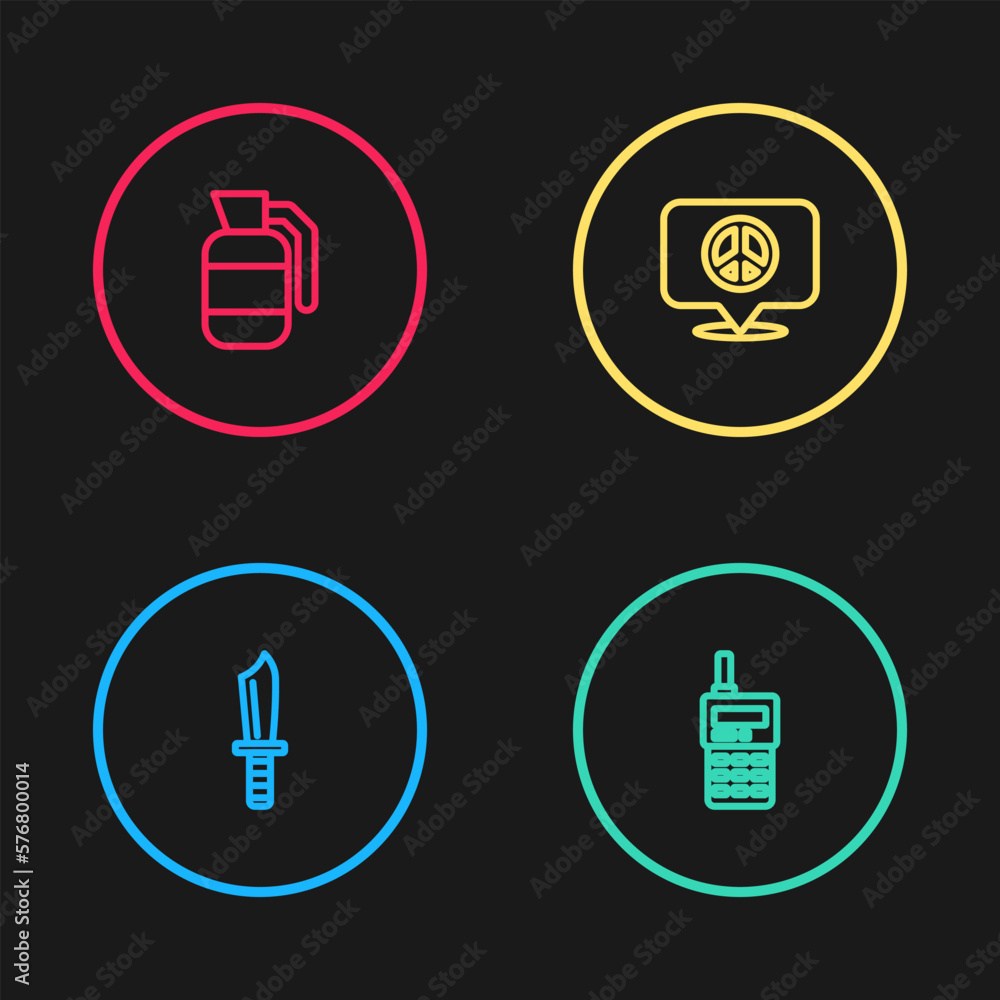 Canvas Prints set line military knife, walkie talkie, location peace and hand grenade icon. vector