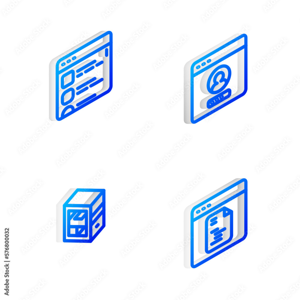 Poster set isometric line create account screen, browser files, computer and software icon. vector