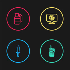 Set line Military knife, Walkie talkie, Location peace and Hand grenade icon. Vector