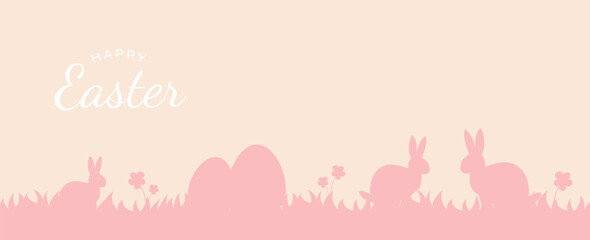 Happy Easter background. Trendy Easter design with typography, eggs, bunny ears, in pastel colors. Modern minimal style. Horizontal poster, greeting card, header for website