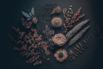 A close-up of a dried wreath made of flowers in soft muted tones. Generative AI