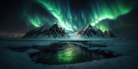 Naklejka premium image of a beautiful Aurora polar lights against the backdrop of snowy mountains at night, generative AI