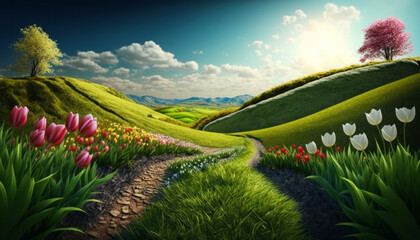 Idyllic spring landscape with rolling green hills and tulip flowers. Generative ai
