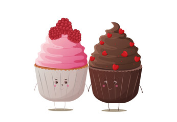 A couple of cupcakes with kawaii eyes. Pink cupcakes with raspberries. Chocolate cupcakes with hearts. Sweet food. Cute cupcakes. Delicious dessert. Dessert vector illustration design