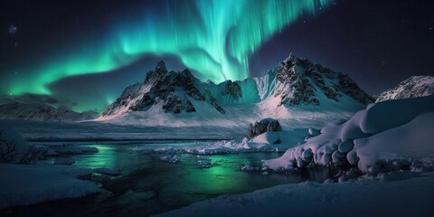 Fototapeta na wymiar image of a beautiful Aurora polar lights against the backdrop of snowy mountains at night, generative AI