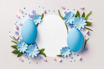 a paper cut out of blue eggs with flowers around them on a white background with blue polka dots and blue flowers around the edges of the egg.  generative ai