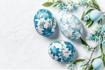  three blue and white decorated eggs on a white surface with flowers and leaves around them and a branch of twig with blue eggs in the middle.  generative ai