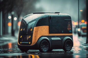 Future of transportation: self-driving delivery car on the streets of the city