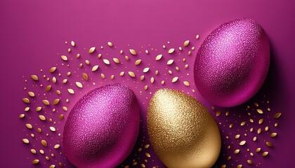  three gold and purple easter eggs on a purple background with gold sprinkles on the bottom of the eggs, and a purple background with gold dots.  generative ai