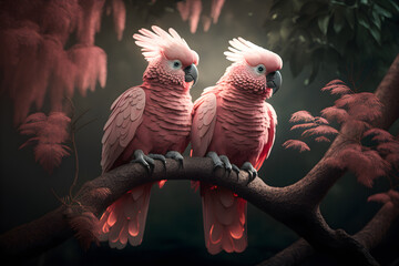 Full-body photography of two pink cockatoos sitting on a branch in rainforest generative ai