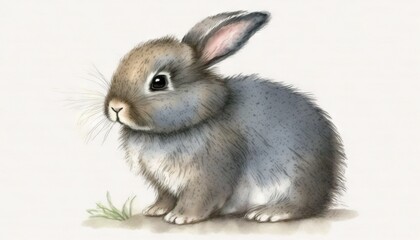  a drawing of a small rabbit sitting on the ground with grass in front of it's face and ears, with a white background.  generative ai
