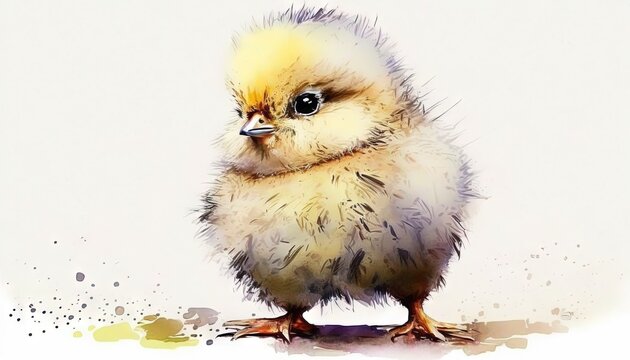  a small yellow and white bird sitting on top of a white floor next to a white wall and a white wall behind it is a watercolored background.  generative ai