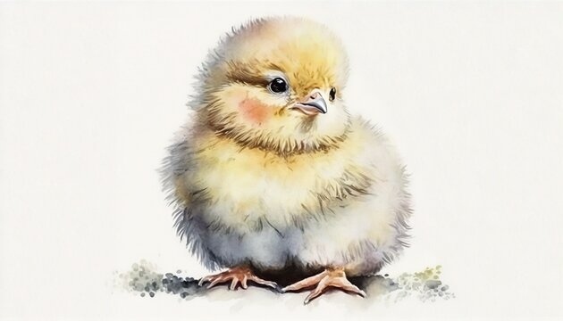  a watercolor painting of a small yellow and white chickling on a white background with a light brown spot in the center of its eye.  generative ai