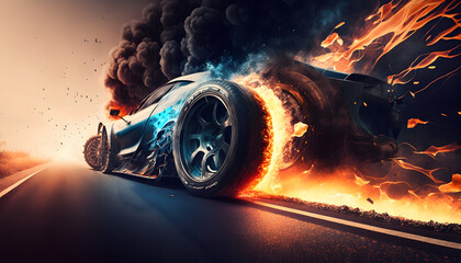 a racing car with burning tires is driving at high speed on the highway hiperdetalization