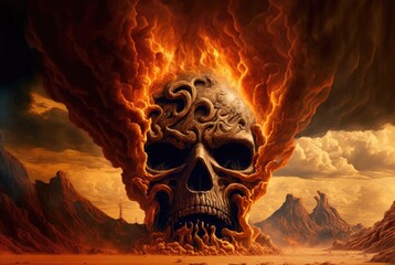 Road to hell through evil demonic skull gate entrance, infernal underworld of suffering and pain awaits the unrighteous souls, fiery burning flame fire storm of sheol - generative AI. - obrazy, fototapety, plakaty