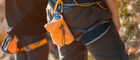 A bag with magnesia powder closeup, for climbing in the mountains.