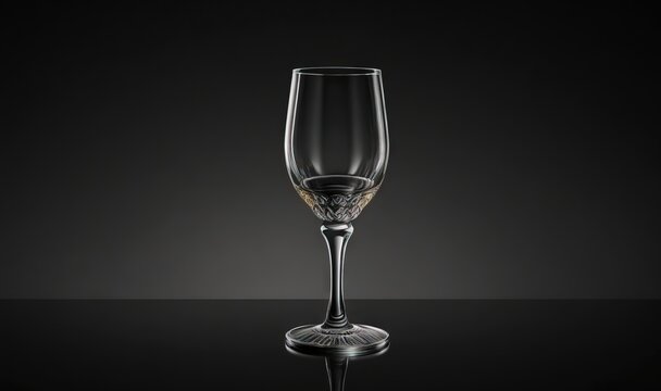  a wine glass sitting on top of a black counter top next to a black wall with a reflection of the wine glass in the glass.  generative ai