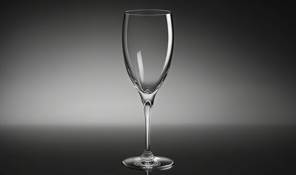  a wine glass is shown on a black background with a reflection of the glass in the glass and the bottom half of the glass is empty.  generative ai
