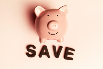Cute piggy bank on a light background.