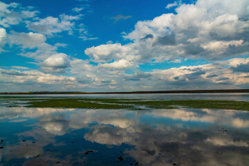 Reflection of white storm clouds in the water of the Tiligul estuary, Ukraine