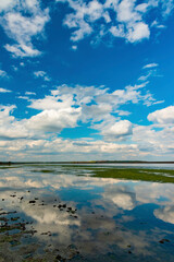 Reflection of white storm clouds in the water of the Tiligul estuary, Ukraine