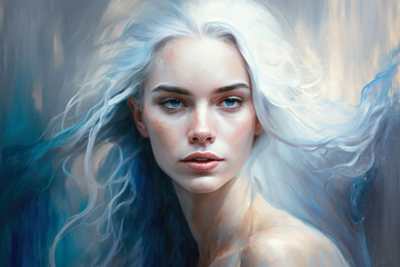 Abstract portrait of a young woman with flowing blue hair and piercing blue eyes, dressed in a sheer, ethereal white gown, generative ai