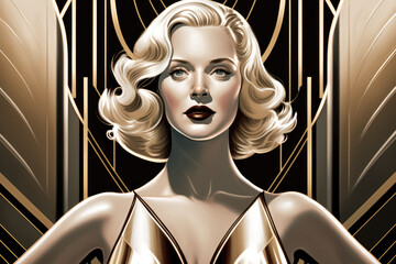 Art Deco-Inspired portrait of a Woman with Golden Hair and a Glamorous Outfit, generative ai
