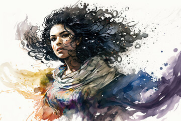 Artistic woman with curly black hair and a flowing dress, surrounded by swirling watercolors, generative ai