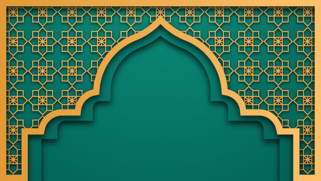 gold ornament on green background with free space for ramadan kareem celebration text